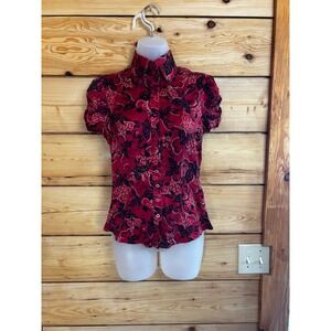 Bebe Vintage Red Black Floral Paisley Puff Sleeve Button Down Shirt Womens Small